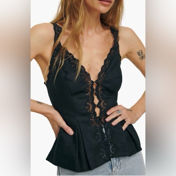 CAMILA COELHO Black Linen Lace Blouse XS - Picture 3 of 7